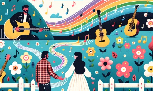 Une illustration destinée aux enfants représentant une jeune femme passionnée de musique, qui rencontre un producteur et se lance dans une tournée musicale à travers un paysage magique et coloré rempli de montagnes en forme de guitare et de fleurs qui dansent au rythme de sa musique.