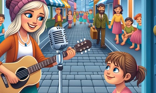 Une illustration pour enfants représentant une jeune femme chanteuse de rue qui égaye les passants avec sa guitare dans les rues animées de la ville.