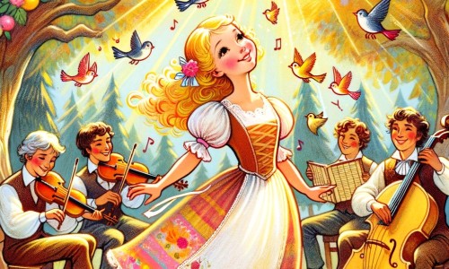 Une illustration destinée aux enfants représentant une jeune femme rêveuse et joyeuse, entourée d'un groupe de musiciens talentueux, dans un parc ensoleillé rempli d'arbres aux feuilles colorées et d'oiseaux chantants.