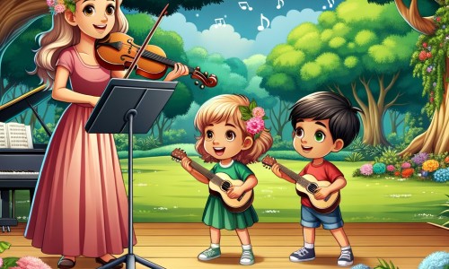 Une illustration destinée aux enfants représentant une jeune femme passionnée de musique, accompagnée de deux enfants curieux, se produisant sur scène dans un parc verdoyant avec des arbres majestueux et des fleurs colorées.