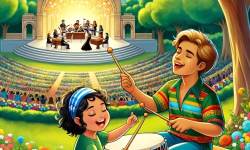 Une illustration pour enfants représentant un jeune homme passionné de musique qui réalise son rêve de devenir chanteur professionnel, dans un monde de studios d'enregistrement et de concerts scéniques.