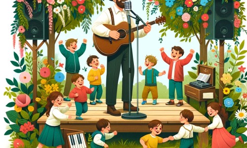 Une illustration pour enfants représentant un homme musicien jouant de la guitare dans un parc où il rencontre un petit garçon passionné de musique.