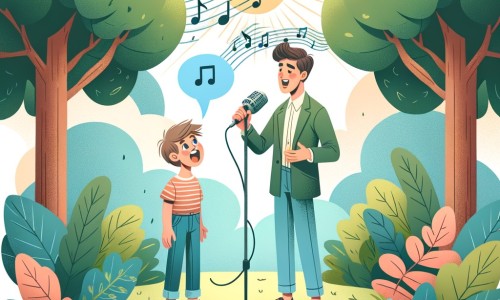 Une illustration destinée aux enfants représentant un jeune homme passionné par la musique, qui rencontre un chanteur talentueux dans un parc verdoyant, où les arbres dansent au rythme de leur mélodie ensoleillée.