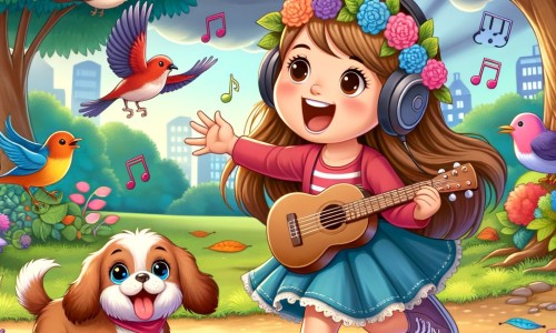 Une illustration destinée aux enfants représentant une jeune femme passionnée par la musique, accompagnée d'un adorable chiot, dans un magnifique parc verdoyant rempli d'arbres aux feuilles colorées et d'oiseaux chantants.