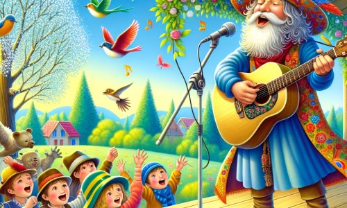 Une illustration pour enfants représentant un jeune homme passionné de musique qui chante et joue de la guitare pour égayer la fête d'anniversaire de son voisin, dans un jardin ensoleillé.