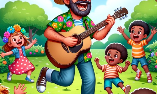Une illustration destinée aux enfants représentant un homme joyeux, vêtu d'une chemise colorée et d'un chapeau, chantant et jouant de la guitare dans un parc verdoyant, entouré d'enfants qui dansent et chantent avec lui, tandis qu'un petit garçon enthousiaste monte sur scène pour jouer de la guitare à ses côtés.