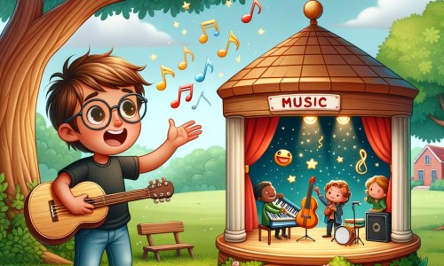 Une illustration pour enfants représentant un homme passionné de musique qui découvre un monde enchanté de mélodies et de talents sur une petite scène dans un parc tranquille.