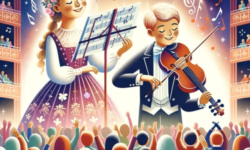 Une illustration destinée aux enfants représentant une jeune femme passionnée par la musique, accompagnée d'une musicienne talentueuse, se produisant sur une scène colorée et lumineuse devant un public enthousiaste dans une salle de concert majestueuse.