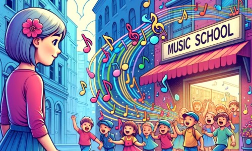 Une illustration pour enfants représentant une jeune femme passionnée de musique découvrant une école de musique et se liant d'amitié avec des enfants talentueux dans un lieu inspirant et joyeux.