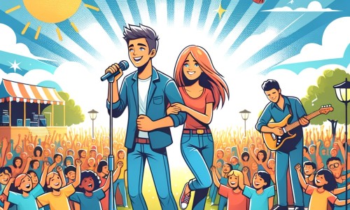 Une illustration destinée aux enfants représentant une jeune chanteuse passionnée, accompagnée d'un célèbre musicien, dans une scène ensoleillée d'un grand concert en plein air, entourée d'une foule joyeuse et colorée.