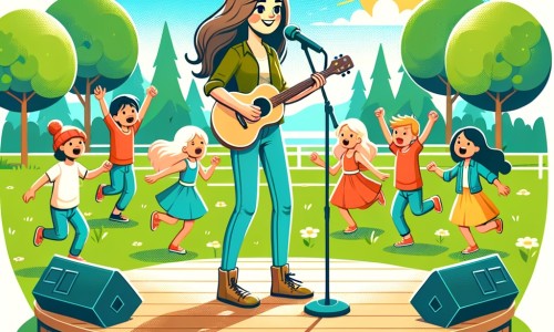 Une illustration destinée aux enfants représentant une jeune femme passionnée par la musique, qui se produit sur scène avec son groupe d'amis, dans un parc ensoleillé rempli d'arbres verdoyants et d'enfants dansant joyeusement.
