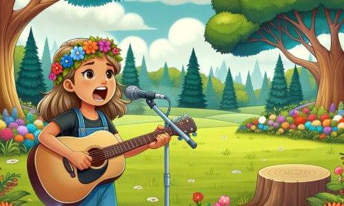 Une illustration destinée aux enfants représentant une jeune chanteuse passionnée et talentueuse, accompagnée d'une guitare, donnant un concert en plein air dans un magnifique parc rempli de fleurs colorées et d'arbres majestueux.