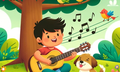Une illustration destinée aux enfants représentant un jeune homme passionné par la musique, accompagné de son fidèle chien, jouant de la guitare sous un grand arbre dans un parc verdoyant, entouré d'oiseaux chantant et de fleurs colorées.