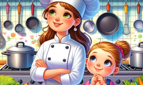 Une illustration destinée aux enfants représentant une femme chef cuisinier passionnée, accompagnée d'une petite fille curieuse, dans une cuisine colorée et animée d'un restaurant rempli de casseroles, de légumes frais et d'odeurs alléchantes.