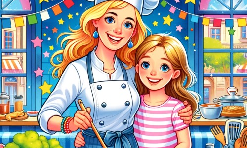Une illustration destinée aux enfants représentant une chef cuisinière passionnée, accompagnée de son adorable fille, dans une cuisine colorée et animée d'un restaurant étoilé, où elles préparent ensemble de délicieux plats.