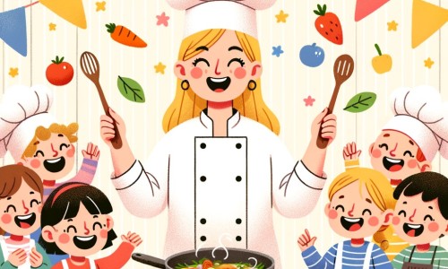 Une illustration destinée aux enfants représentant une chef cuisinière passionnée, entourée d'enfants joyeux, dans une cuisine colorée et animée, où ils préparent ensemble de délicieux plats.