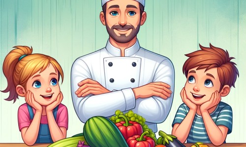 Une illustration destinée aux enfants représentant un chef cuisinier passionné, entouré de deux enfants curieux, dans une cuisine colorée avec des légumes et des fruits frais disposés sur une grande table en bois.