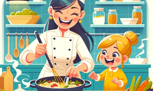 Une illustration destinée aux enfants représentant une femme chef cuisinière passionnée qui prépare un grand repas dans une cuisine professionnelle animée, avec l'aide précieuse de sa nièce curieuse et enthousiaste.