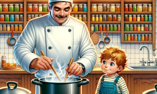 Une illustration pour enfants représentant un homme souriant et passionné de cuisine qui partage son savoir-faire avec son petit-fils dans la chaleur de sa cuisine de restaurant.