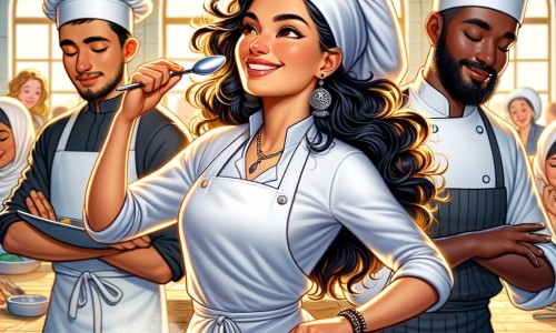 Une illustration pour enfants représentant une femme passionnée de cuisine, réalisant son rêve de devenir chef cuisinier dans un charmant restaurant.