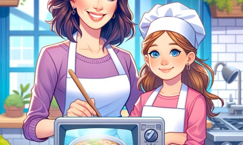 Une illustration pour enfants représentant une jeune femme passionnée de cuisine qui relève le défi de participer à une émission de télévision de cuisine dans un petit restaurant local.