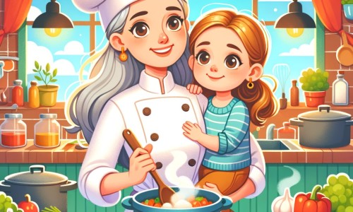 Une illustration pour enfants représentant une femme chef cuisinier talentueuse qui enseigne les bases de la cuisine à une petite fille curieuse dans son restaurant.