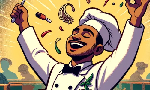 Une illustration pour enfants représentant un homme joyeux et passionné de cuisine, vivant une aventure culinaire extraordinaire dans un restaurant animé.