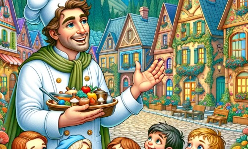 Une illustration destinée aux enfants représentant un homme passionné de cuisine, accompagné d'un groupe d'enfants curieux, dans un petit village pittoresque rempli de maisons colorées et entouré d'une forêt enchantée.