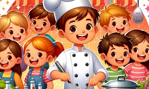 Une illustration destinée aux enfants représentant un chef cuisinier jovial concoctant des plats délicieux, accompagné d'un groupe d'enfants joyeux, dans une cuisine colorée et chaleureuse remplie d'ustensiles étincelants et d'ingrédients colorés.