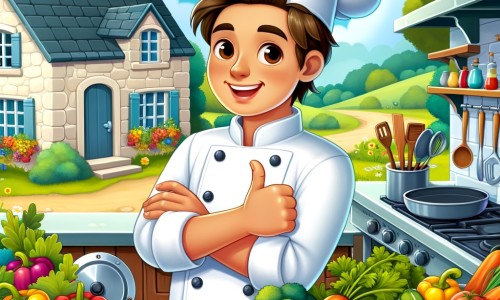 Une illustration destinée aux enfants représentant un jeune chef cuisinier passionné, entouré de légumes colorés et d'ustensiles de cuisine, dans une cuisine lumineuse et chaleureuse d'une petite maison en pierre au milieu d'un paisible village verdoyant.