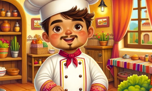 Une illustration pour enfants représentant un chef cuisinier passionné préparant de délicieux plats dans son restaurant chaleureux.