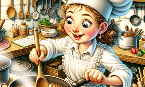 Une illustration pour enfants représentant une femme chef cuisinier pleine d'énergie et d'imagination dans sa petite cuisine.