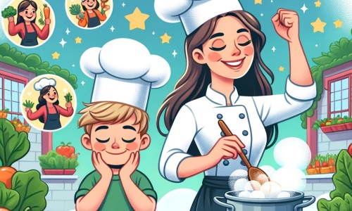 Une illustration pour enfants représentant une chef cuisinière passionnée, découvrant son talent caché pour la cuisine, dans un restaurant renommé.