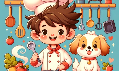 Une illustration destinée aux enfants représentant un jeune chef cuisinier passionné, accompagné d'un adorable chien, dans une cuisine colorée et chaleureuse remplie d'ustensiles étincelants et d'arômes délicieux, où ils préparent de délicieux plats.