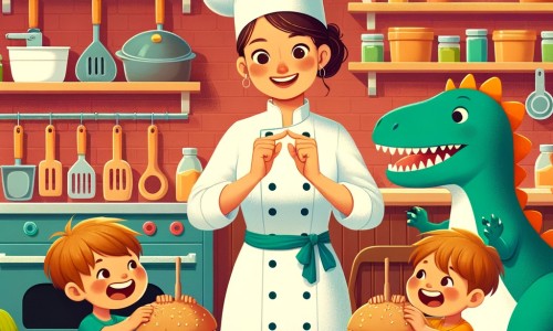 Une illustration destinée aux enfants représentant une femme chef cuisinier passionnée, préparant des hamburgers en forme de dinosaures pour deux petits garçons affamés, dans un restaurant coloré et chaleureux rempli d'ustensiles de cuisine et de légumes frais.