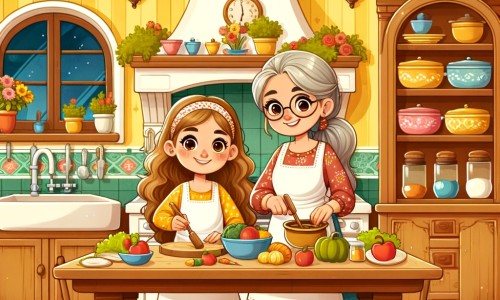 Une illustration pour enfants représentant une femme passionnée par la cuisine, qui réalise son rêve de devenir chef cuisinier renommée, dans un restaurant chaleureux et animé.