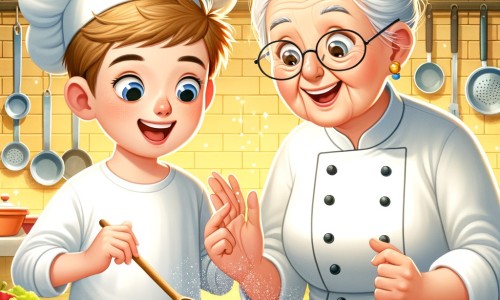 Une illustration destinée aux enfants représentant un jeune chef cuisinier passionné, qui découvre la magie de la cuisine avec l'aide d'un chef renommé, dans une cuisine chaleureuse et colorée remplie d'ustensiles étincelants et d'ingrédients frais.