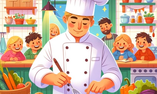 Une illustration pour enfants représentant un jeune chef cuisinier passionné, vivant dans une petite ville animée, qui réalise son rêve de devenir un grand chef dans un restaurant renommé.