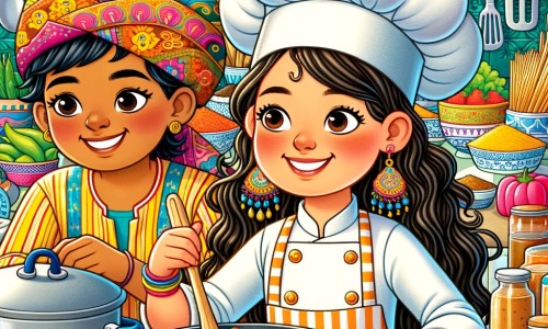 Une illustration destinée aux enfants représentant une jeune femme passionnée de cuisine, accompagnée de son mentor, dans une cuisine colorée et animée remplie d'ustensiles brillants et d'ingrédients colorés, où elle poursuit son rêve de devenir une chef cuisinière renommée.