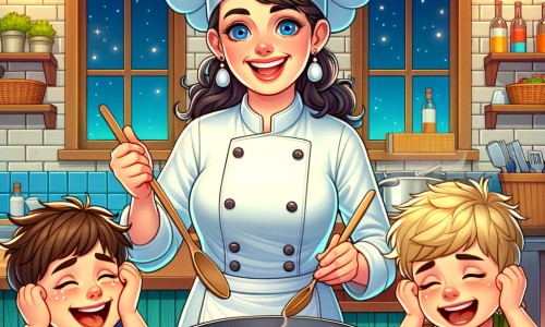 Une illustration destinée aux enfants représentant une femme joyeuse et passionnée de cuisine, préparant un plat surprise pour deux enfants affamés et fatigués, dans un restaurant coloré et animé rempli d'odeurs appétissantes.