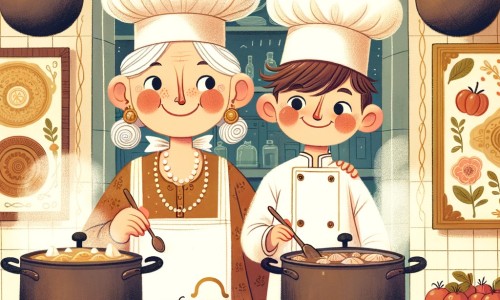 Une illustration destinée aux enfants représentant une femme passionnée de cuisine, accompagnée d'un chef cuisinier renommé, dans les cuisines d'un restaurant élégant et chaleureux, où les casseroles bouillent et les assiettes sont joliment dressées.
