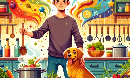 Une illustration destinée aux enfants représentant un jeune homme passionné par la cuisine, accompagné de son fidèle chien, dans une cuisine colorée et chaleureuse remplie d'ustensiles étincelants, de casseroles fumantes et d'ingrédients frais éclaboussant de couleurs vives.