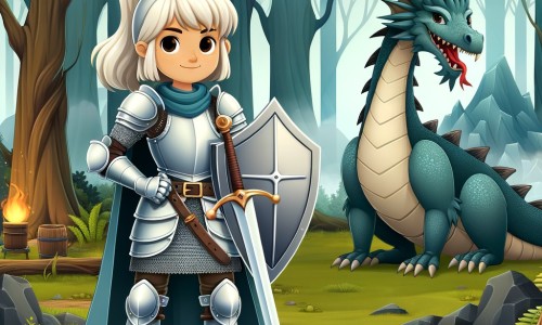 Une illustration destinée aux enfants représentant une chevalière intrépide se tenant fièrement devant un dragon majestueux, dans une clairière enchantée d'une forêt dense et mystérieuse.