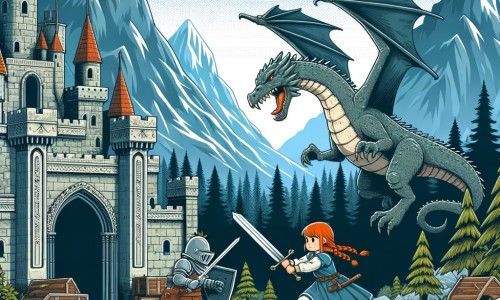 Une illustration destinée aux enfants représentant une chevalière courageuse, affrontant un dragon redoutable, dans un château abandonné entouré de montagnes escarpées et de forêts sombres.