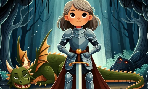Une illustration destinée aux enfants représentant une chevalière courageuse, se tenant fièrement devant un dragon blessé, dans une caverne sombre et mystérieuse de la forêt enchantée.