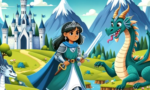 Une illustration pour enfants représentant une chevalière courageuse partant en quête pour sauver un ami enlevé par un sorcier maléfique dans un royaume lointain.