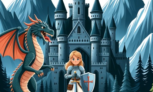Une illustration destinée aux enfants représentant une chevalière intrépide se tenant fièrement devant un dragon féroce, dans un château majestueux entouré de montagnes escarpées et de forêts sombres.