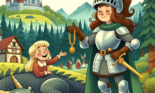 Une illustration pour enfants représentant une chevalière courageuse qui protège un village attaqué par un dragon cracheur de feu dans une forêt enchantée.