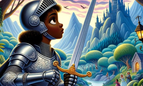 Une illustration pour enfants représentant une chevalière intrépide se lançant dans une quête périlleuse à la recherche d'un trésor mystérieux, dans un royaume enchanté.