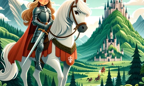 Une illustration pour enfants représentant une chevalière intrépide en quête de devenir la première chevalière de l'histoire, dans un royaume médiéval enchanté.